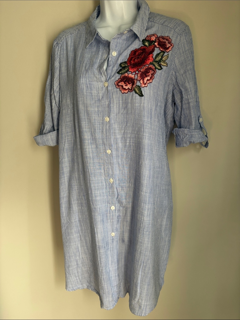 Striped Light Blue Midi Shirt Dress with Floral Embroidery 100 percent cotton